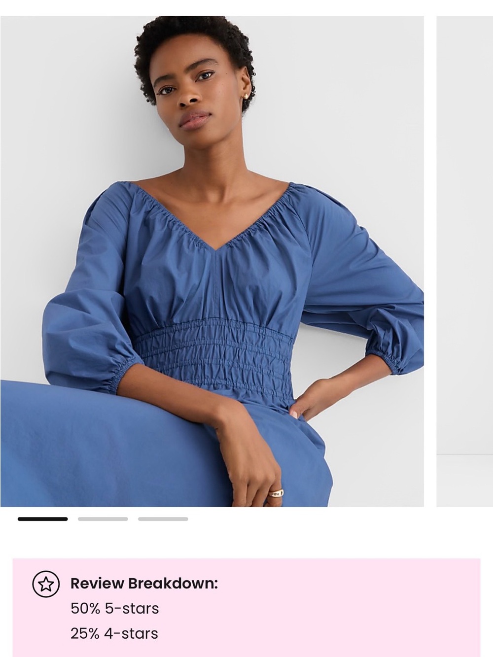 LOFT Slate Blue V-Neck Smocked-Waist Midi Dress with Balloon Sleeves